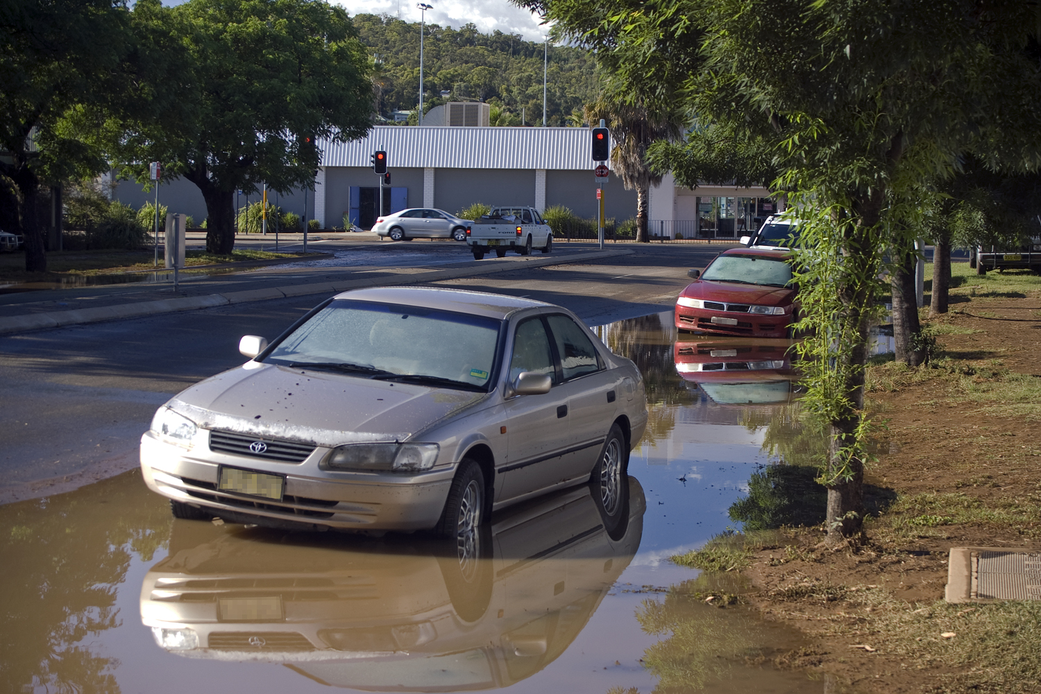 cars flooded on side of the road